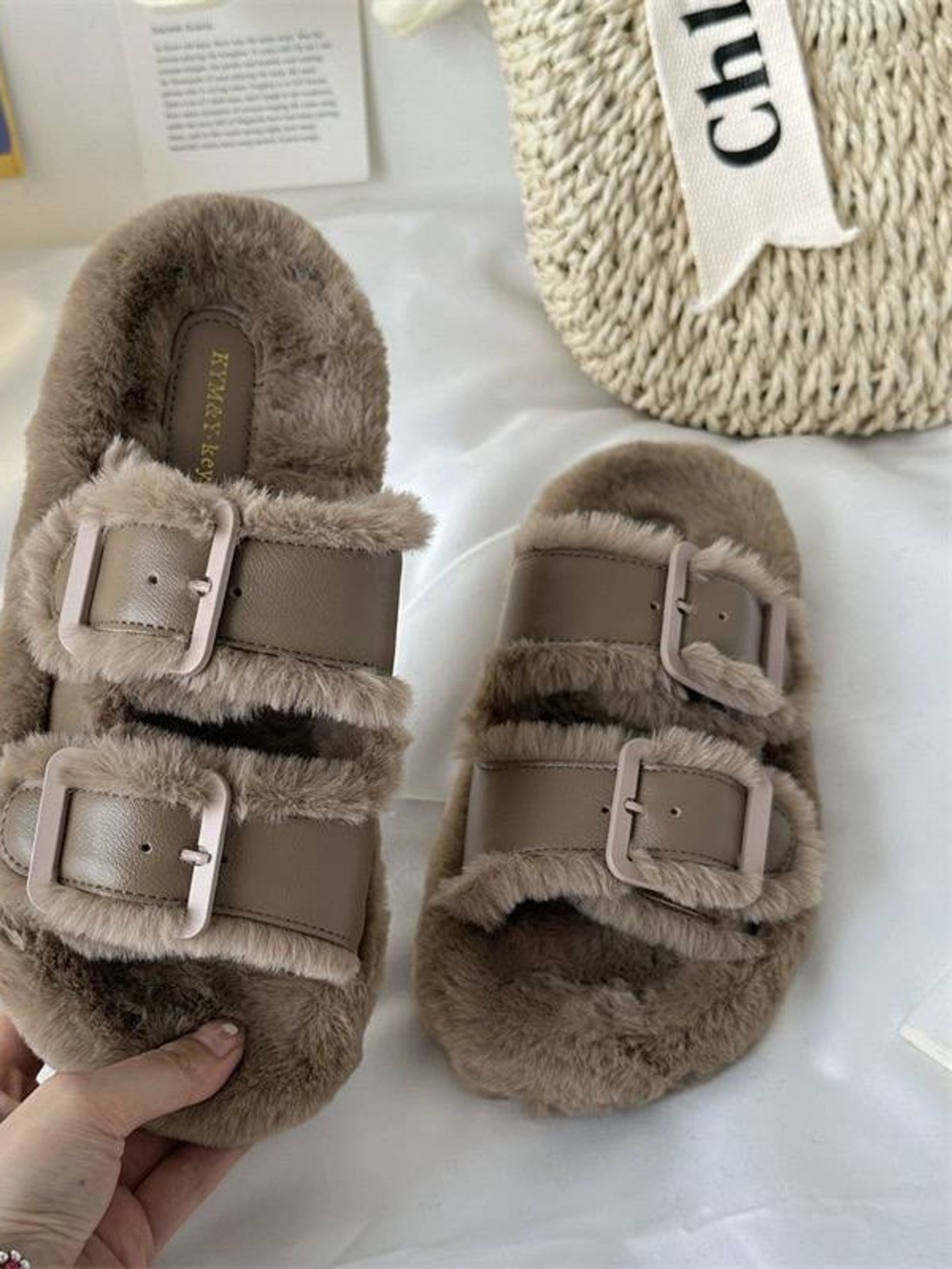 Faux-Fur Double Buckle Slide Sandals